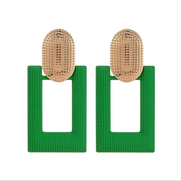 NEW Bright Kelly Green Gold Lightweight Statement Earrings Geometric Art Deco - Picture 4 of 13